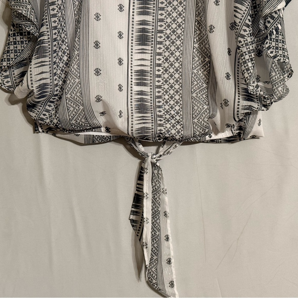 Express White Geometric Patterned Tie-Front Blous… - image 7